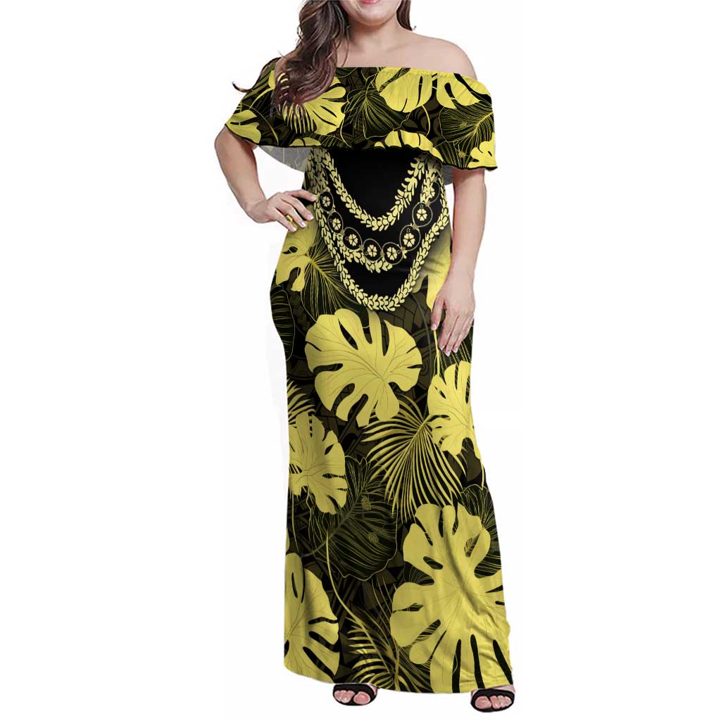 Yellow Hawaii Kukui Nut Lei Family Matching Off Shoulder Maxi Dress and Hawaiian Shirt Hawaiian Pattern Monstera Tropical Vibes - Polynesian Pride