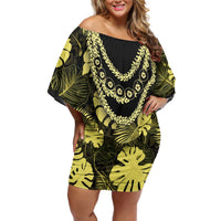 Yellow Hawaii Kukui Nut Lei Family Matching Off Shoulder Short Dress and Hawaiian Shirt Hawaiian Pattern Monstera Tropical Vibes - Polynesian Pride