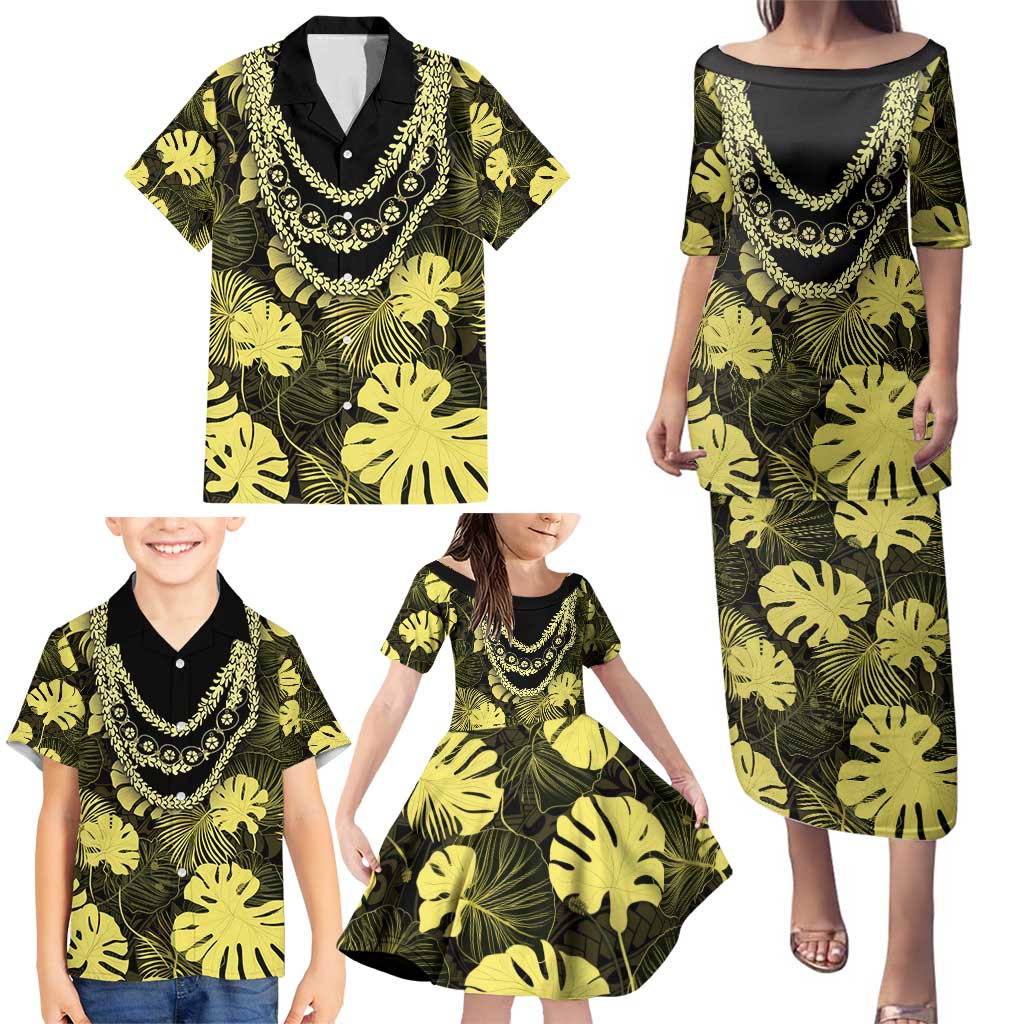 Yellow Hawaii Kukui Nut Lei Family Matching Puletasi and Hawaiian Shirt Hawaiian Pattern Monstera Tropical Vibes - Polynesian Pride