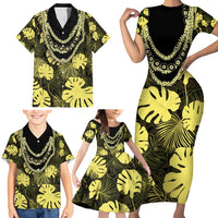 Yellow Hawaii Kukui Nut Lei Family Matching Short Sleeve Bodycon Dress and Hawaiian Shirt Hawaiian Pattern Monstera Tropical Vibes - Polynesian Pride