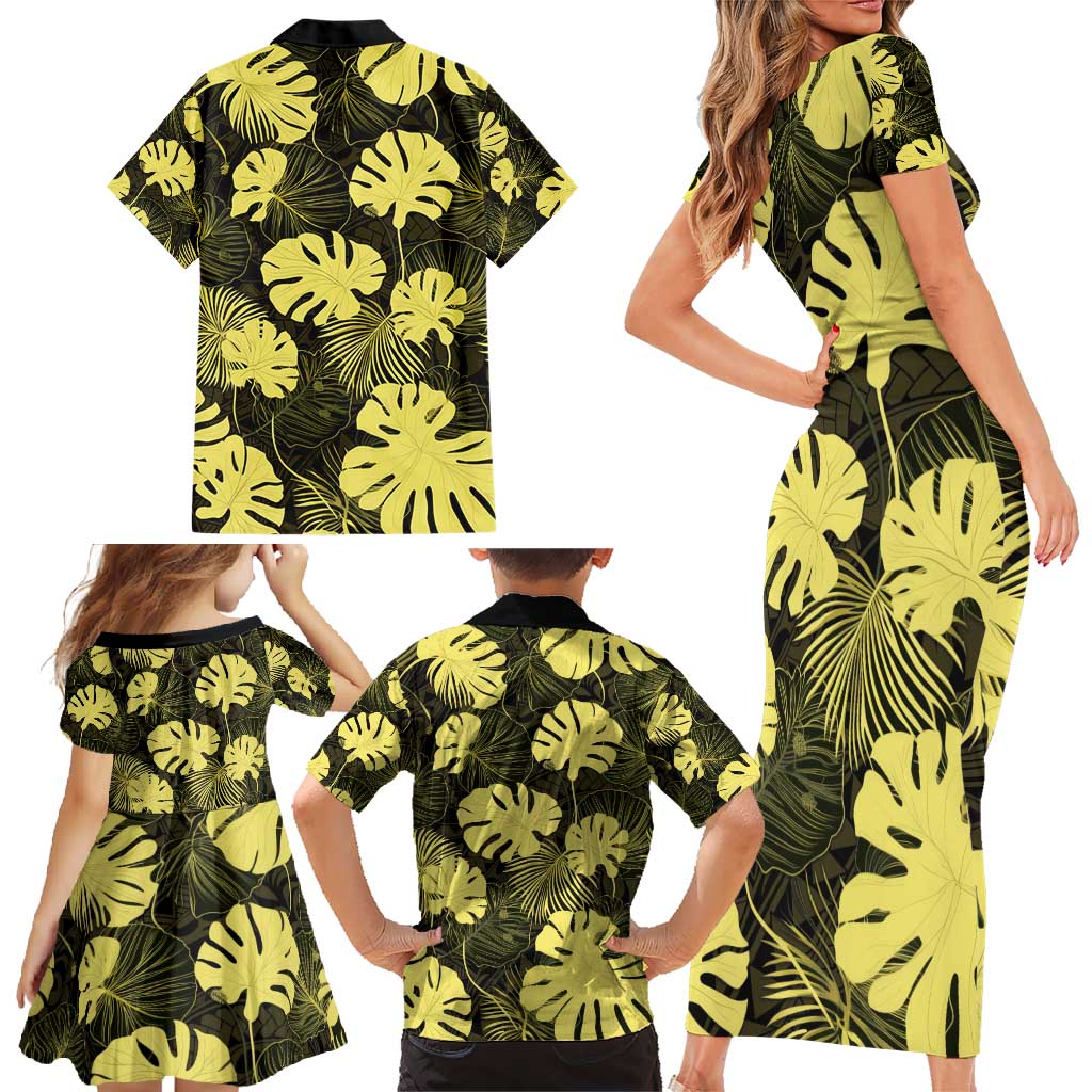 Yellow Hawaii Kukui Nut Lei Family Matching Short Sleeve Bodycon Dress and Hawaiian Shirt Hawaiian Pattern Monstera Tropical Vibes - Polynesian Pride