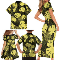 Yellow Hawaii Kukui Nut Lei Family Matching Short Sleeve Bodycon Dress and Hawaiian Shirt Hawaiian Pattern Monstera Tropical Vibes - Polynesian Pride