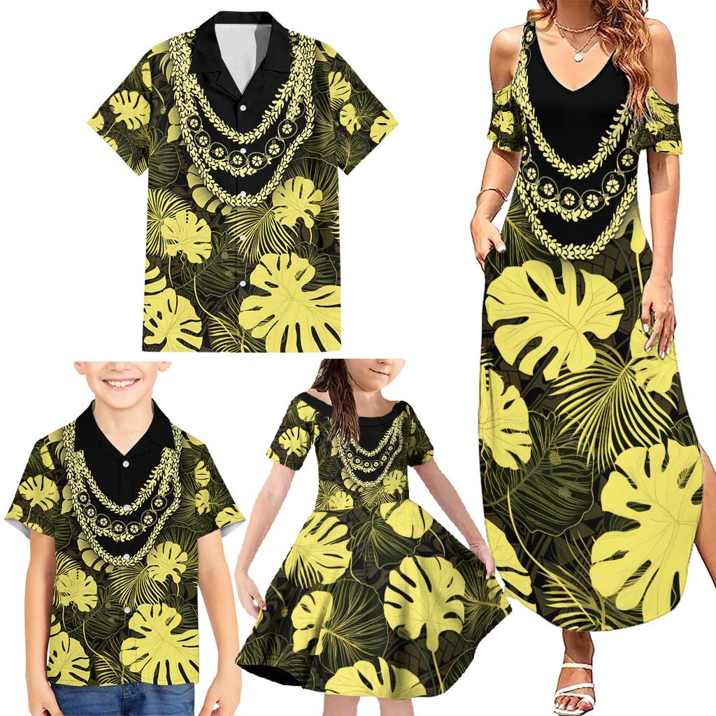 Yellow Hawaii Kukui Nut Lei Family Matching Summer Maxi Dress and Hawaiian Shirt Hawaiian Pattern Monstera Tropical Vibes - Polynesian Pride