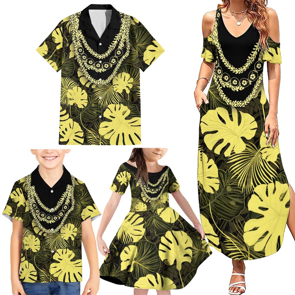 Yellow Hawaii Kukui Nut Lei Family Matching Summer Maxi Dress and Hawaiian Shirt Hawaiian Pattern Monstera Tropical Vibes - Polynesian Pride