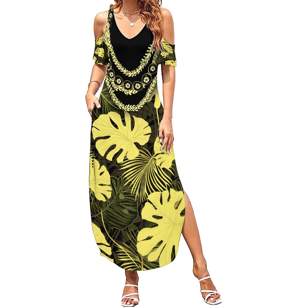 Yellow Hawaii Kukui Nut Lei Family Matching Summer Maxi Dress and Hawaiian Shirt Hawaiian Pattern Monstera Tropical Vibes - Polynesian Pride