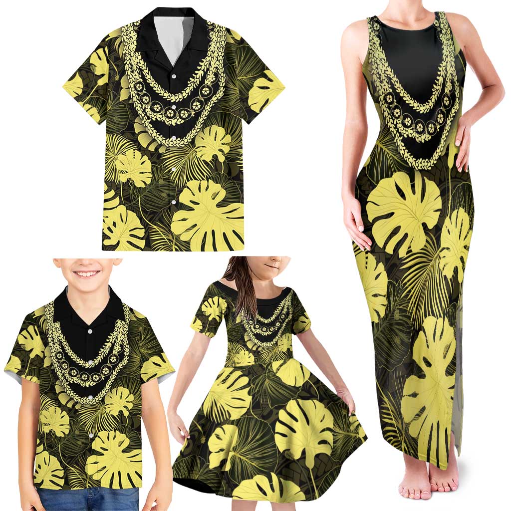 Yellow Hawaii Kukui Nut Lei Family Matching Tank Maxi Dress and Hawaiian Shirt Hawaiian Pattern Monstera Tropical Vibes - Polynesian Pride