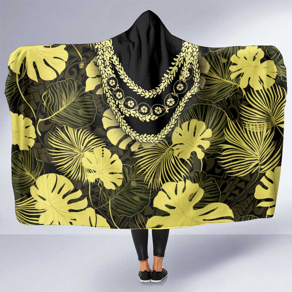 Yellow Hawaii Kukui Nut Lei Hooded Blanket Hawaiian Pattern Monstera Tropical Vibes - Polynesian Pride