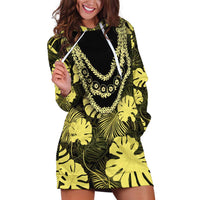 Yellow Hawaii Kukui Nut Lei Hoodie Dress Hawaiian Pattern Monstera Tropical Vibes - Polynesian Pride