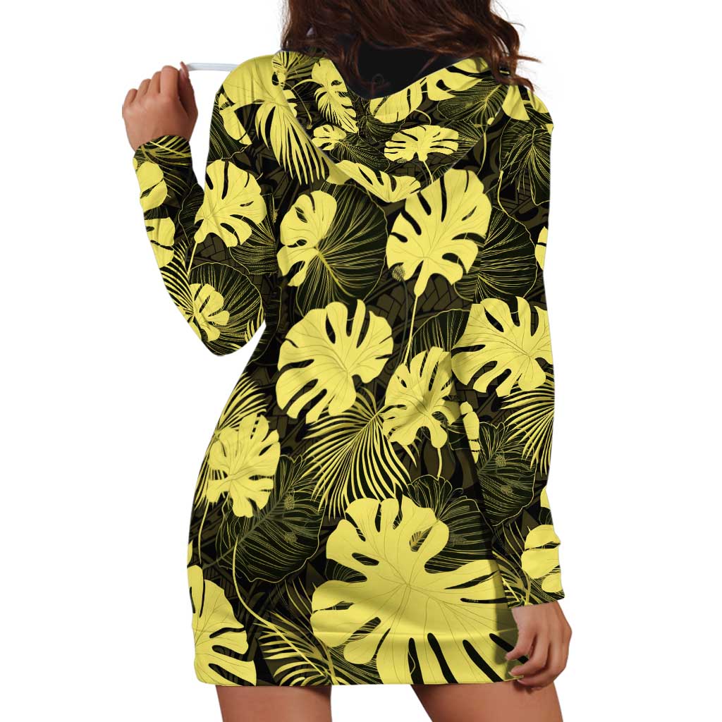 Yellow Hawaii Kukui Nut Lei Hoodie Dress Hawaiian Pattern Monstera Tropical Vibes - Polynesian Pride