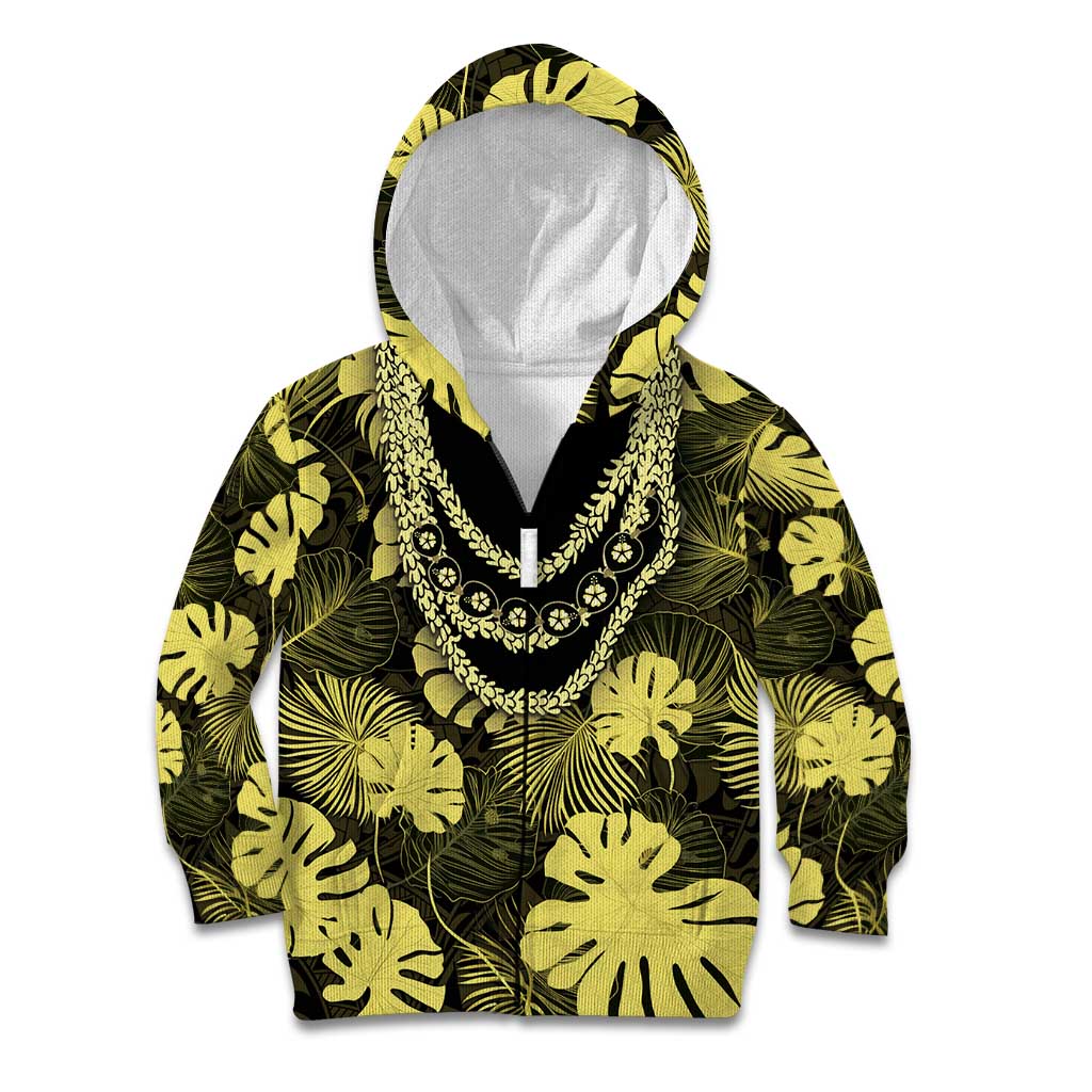 Yellow Hawaii Kukui Nut Lei Kid Hoodie Hawaiian Pattern Monstera Tropical Vibes - Polynesian Pride