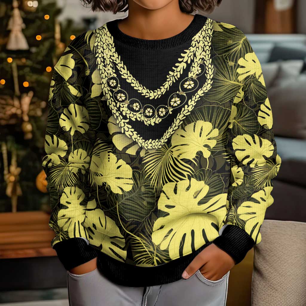 Yellow Hawaii Kukui Nut Lei Kid Ugly Christmas Sweater Hawaiian Pattern Monstera Tropical Vibes - Polynesian Pride
