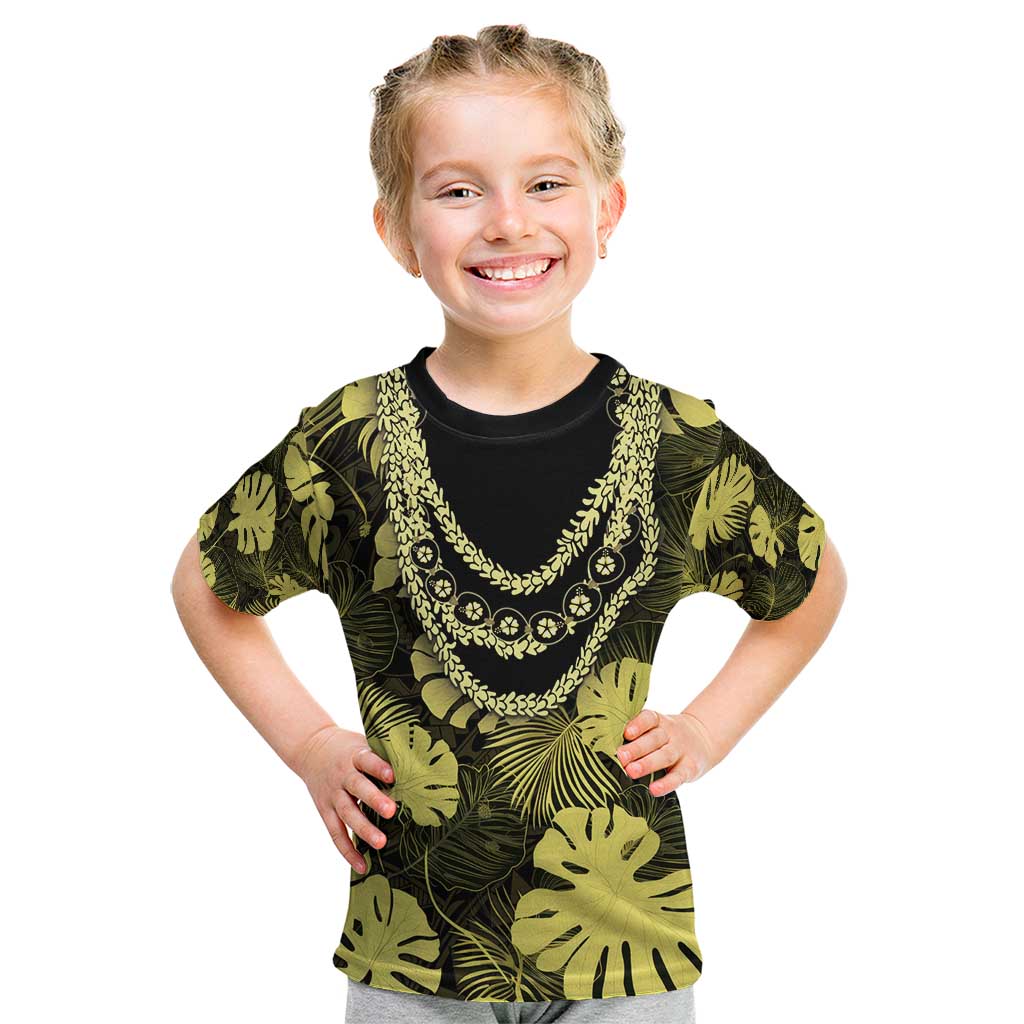 Yellow Hawaii Kukui Nut Lei Kid T Shirt Hawaiian Pattern Monstera Tropical Vibes - Polynesian Pride