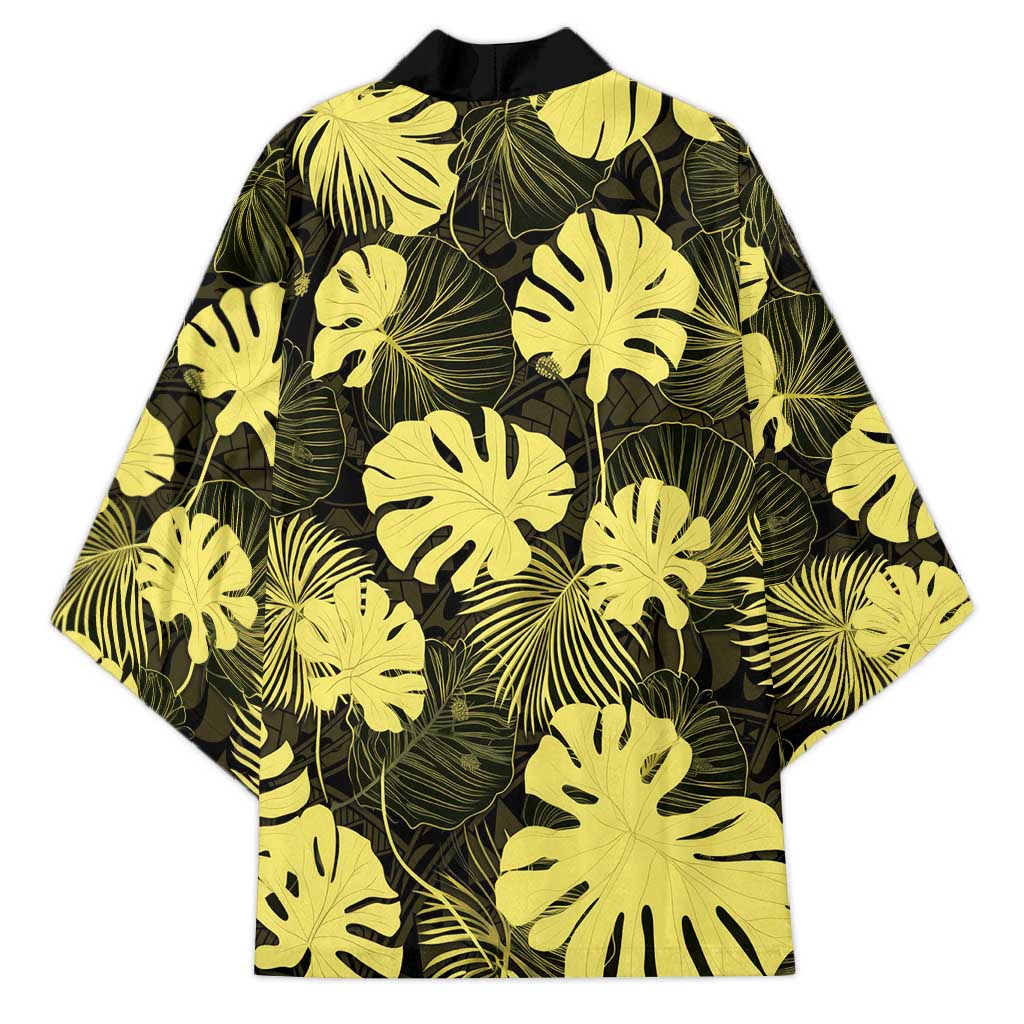 Yellow Hawaii Kukui Nut Lei Kimono Hawaiian Pattern Monstera Tropical Vibes - Polynesian Pride