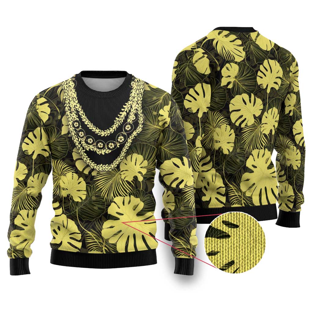 Yellow Hawaii Kukui Nut Lei Ugly Christmas Sweater Hawaiian Pattern Monstera Tropical Vibes - Polynesian Pride