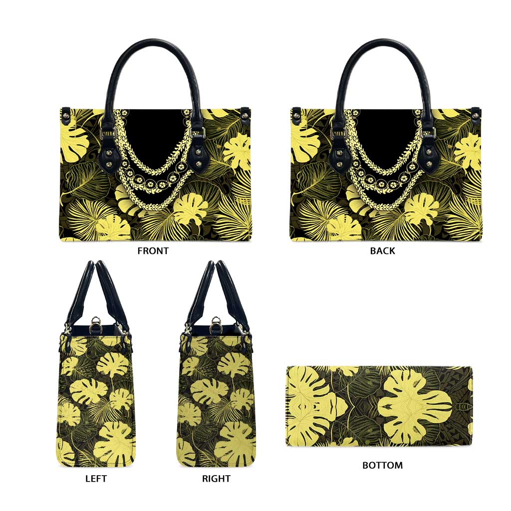 Yellow Hawaii Kukui Nut Lei Leather Bag Hawaiian Pattern Monstera Tropical Vibes - Polynesian Pride