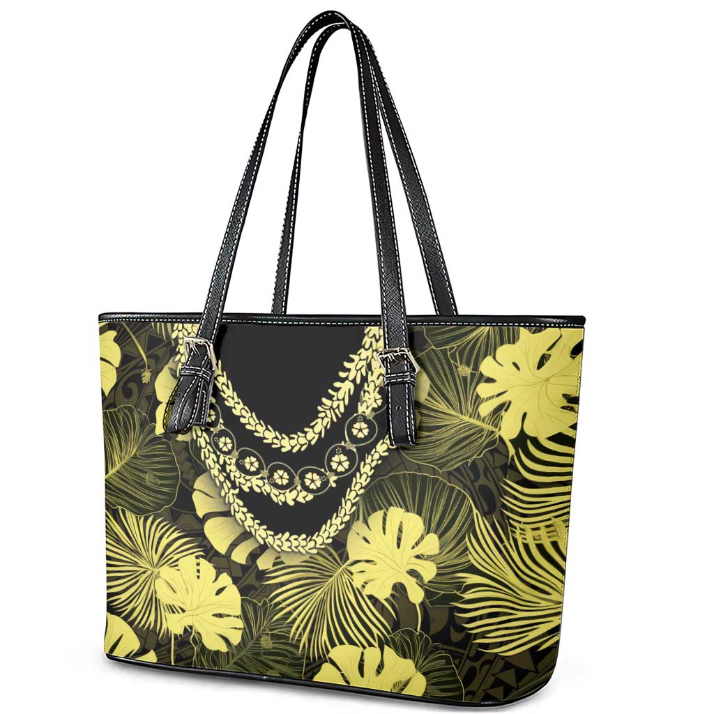 Yellow Hawaii Kukui Nut Lei Leather Tote Bag Hawaiian Pattern Monstera Tropical Vibes - Polynesian Pride