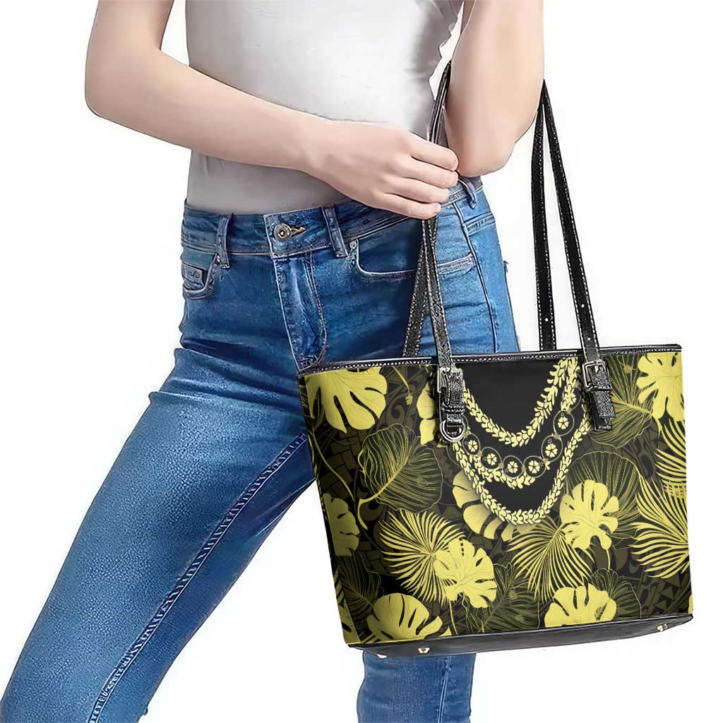 Yellow Hawaii Kukui Nut Lei Leather Tote Bag Hawaiian Pattern Monstera Tropical Vibes - Polynesian Pride