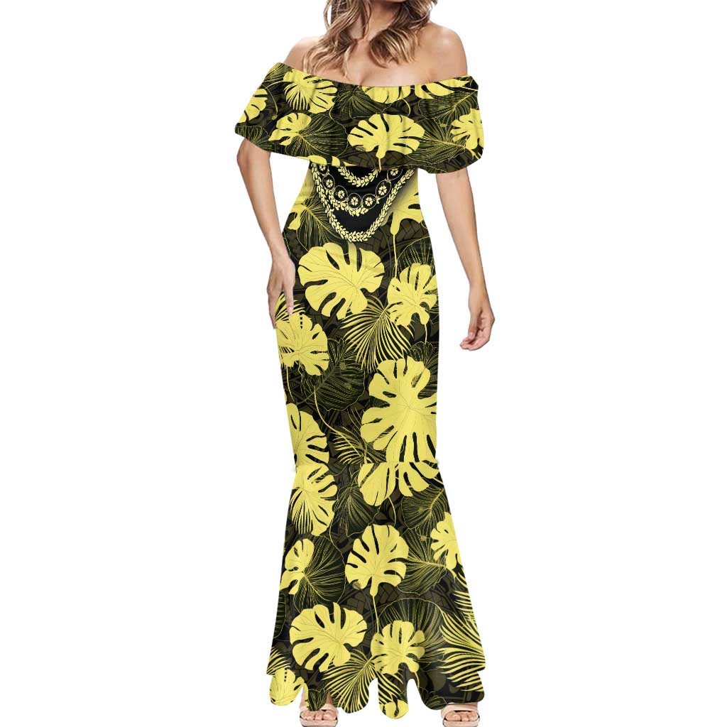 Yellow Hawaii Kukui Nut Lei Mermaid Dress Hawaiian Pattern Monstera Tropical Vibes - Polynesian Pride