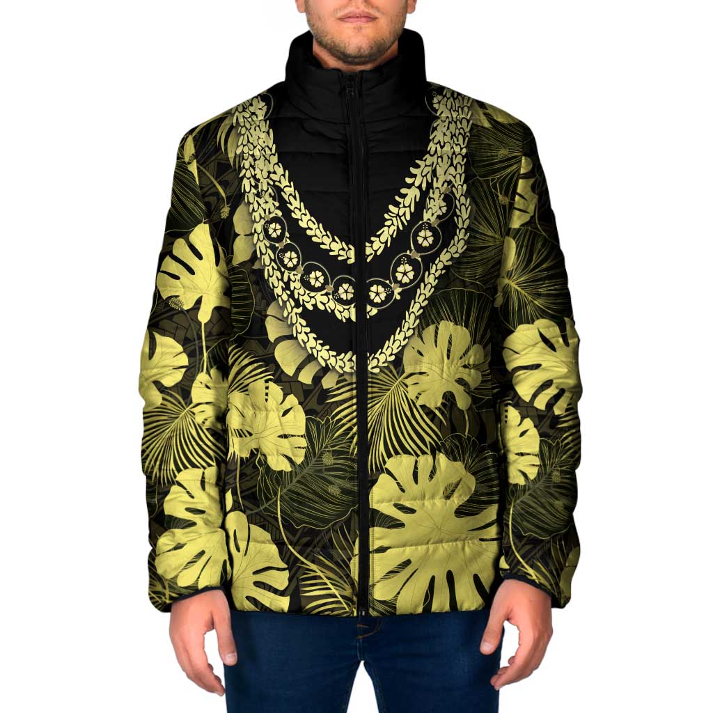 Yellow Hawaii Kukui Nut Lei Padded Jacket Hawaiian Pattern Monstera Tropical Vibes - Polynesian Pride