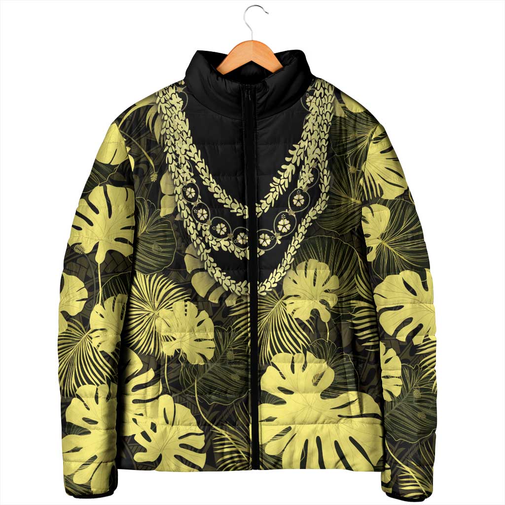 Yellow Hawaii Kukui Nut Lei Padded Jacket Hawaiian Pattern Monstera Tropical Vibes - Polynesian Pride