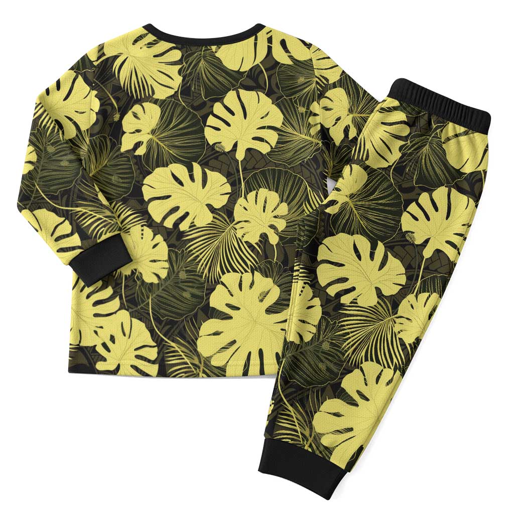 Yellow Hawaii Kukui Nut Lei Christmas Pajama Set Hawaiian Pattern Monstera Tropical Vibes - Polynesian Pride