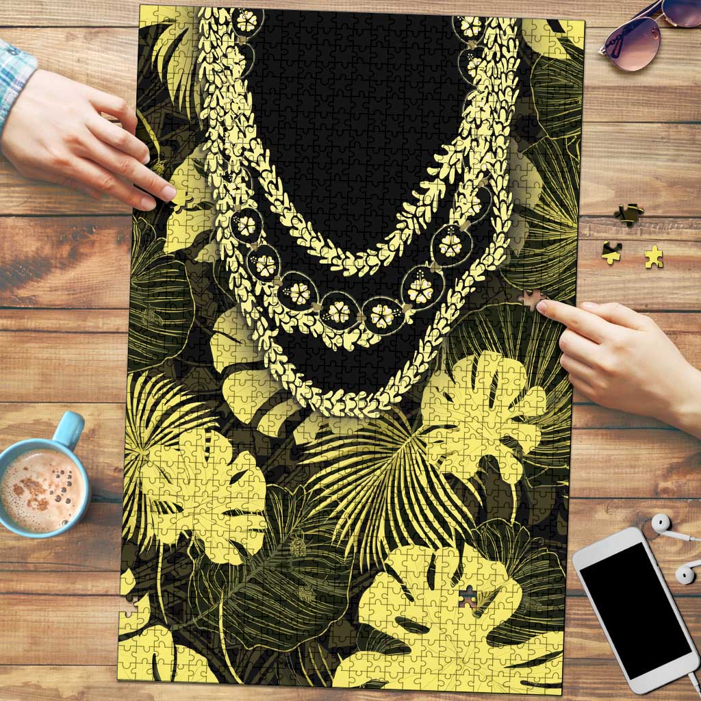 Yellow Hawaii Kukui Nut Lei Puzzle Hawaiian Pattern Monstera Tropical Vibes - Polynesian Pride