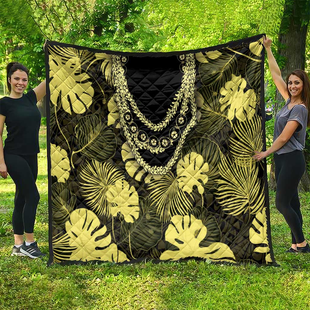 Yellow Hawaii Kukui Nut Lei Quilt Hawaiian Pattern Monstera Tropical Vibes - Polynesian Pride