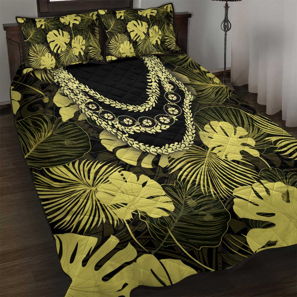 Yellow Hawaii Kukui Nut Lei Quilt Bed Set Hawaiian Pattern Monstera Tropical Vibes - Polynesian Pride