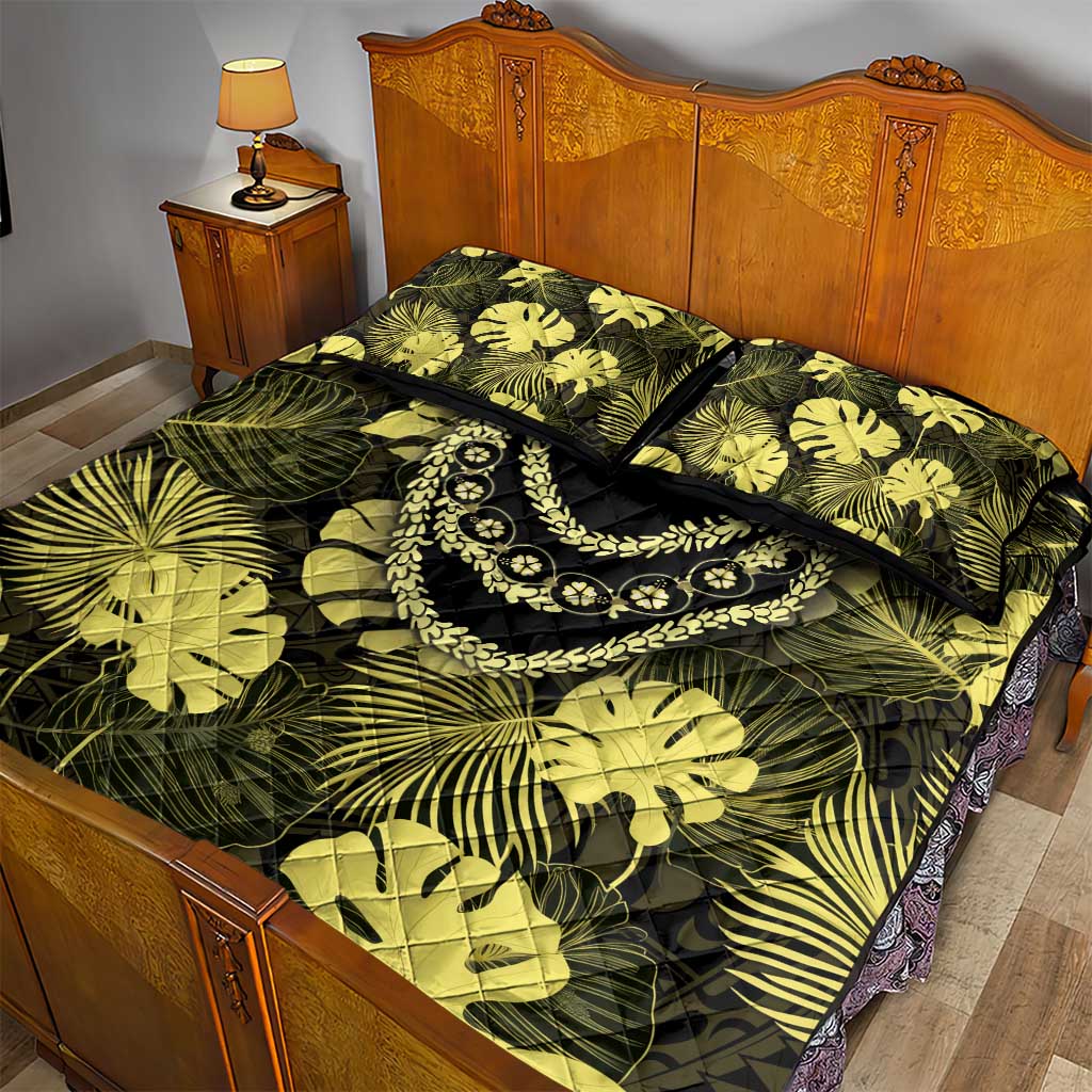 Yellow Hawaii Kukui Nut Lei Quilt Bed Set Hawaiian Pattern Monstera Tropical Vibes - Polynesian Pride