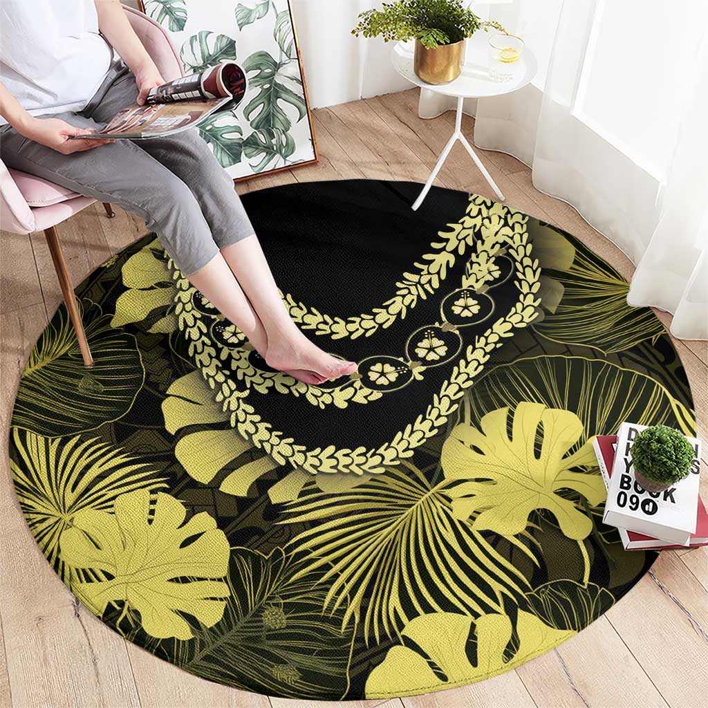 Yellow Hawaii Kukui Nut Lei Round Carpet Hawaiian Pattern Monstera Tropical Vibes - Polynesian Pride
