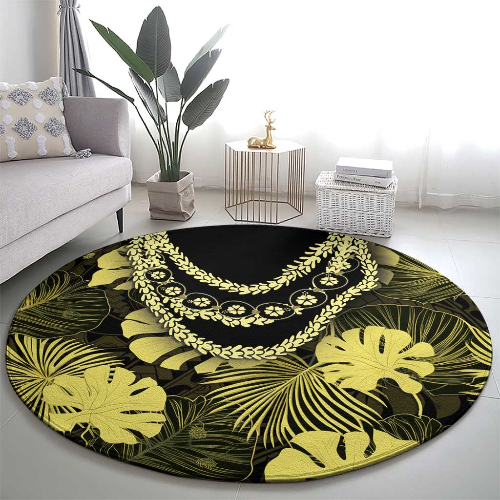 Yellow Hawaii Kukui Nut Lei Round Carpet Hawaiian Pattern Monstera Tropical Vibes - Polynesian Pride
