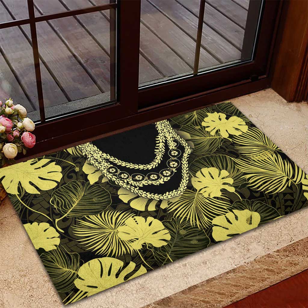 Yellow Hawaii Kukui Nut Lei Rubber Doormat Hawaiian Pattern Monstera Tropical Vibes - Polynesian Pride