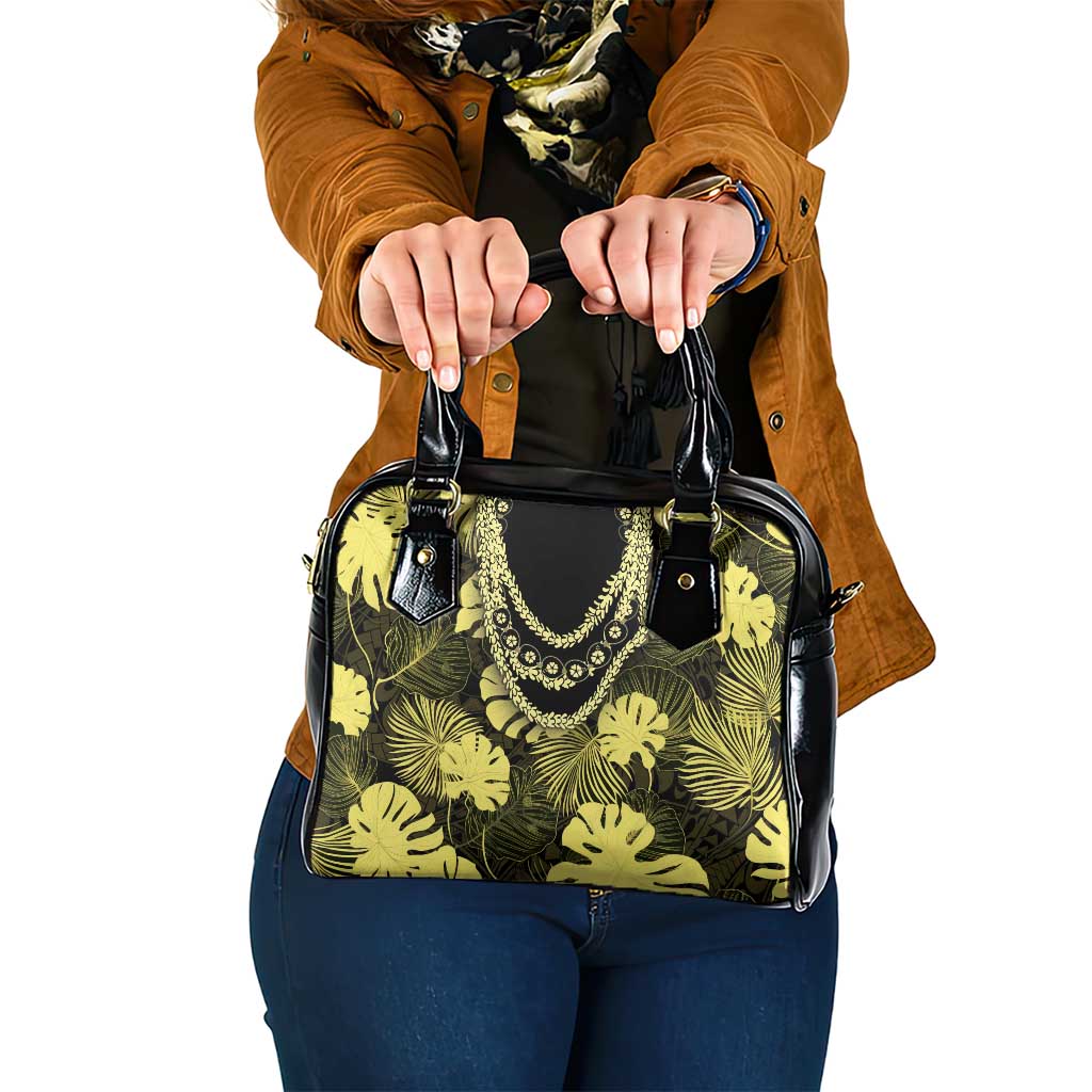 Yellow Hawaii Kukui Nut Lei Shoulder Handbag Hawaiian Pattern Monstera Tropical Vibes - Polynesian Pride