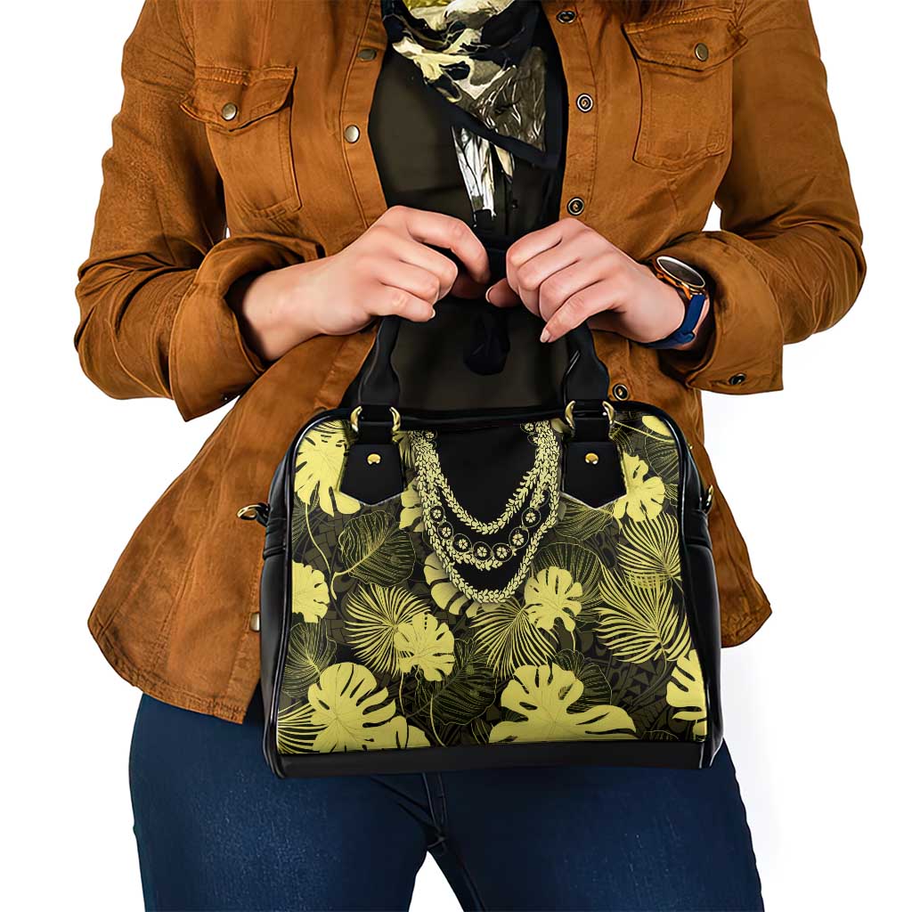 Yellow Hawaii Kukui Nut Lei Shoulder Handbag Hawaiian Pattern Monstera Tropical Vibes - Polynesian Pride