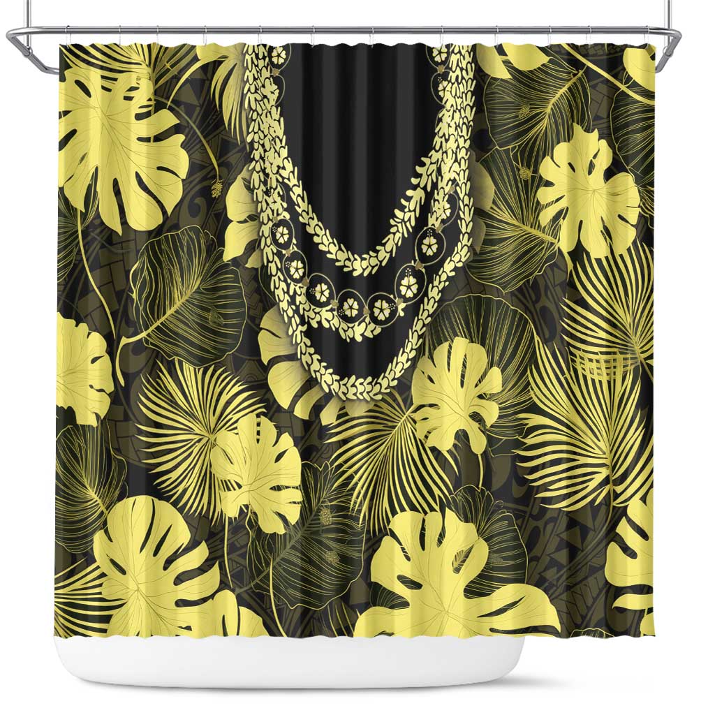Yellow Hawaii Kukui Nut Lei Shower Curtain Hawaiian Pattern Monstera Tropical Vibes - Polynesian Pride