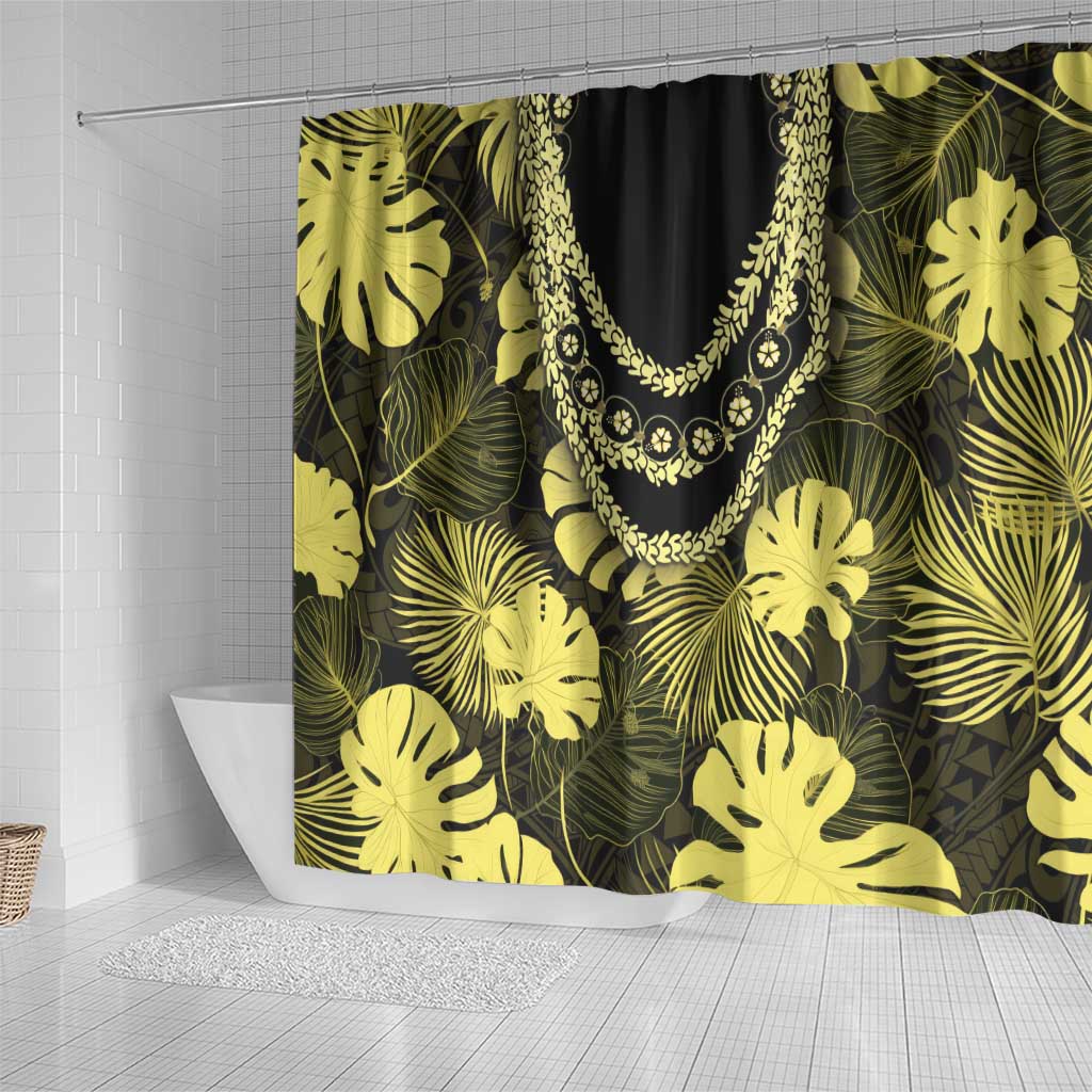 Yellow Hawaii Kukui Nut Lei Shower Curtain Hawaiian Pattern Monstera Tropical Vibes - Polynesian Pride