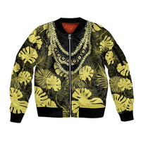 Yellow Hawaii Kukui Nut Lei Sleeve Zip Bomber Jacket Hawaiian Pattern Monstera Tropical Vibes - Polynesian Pride