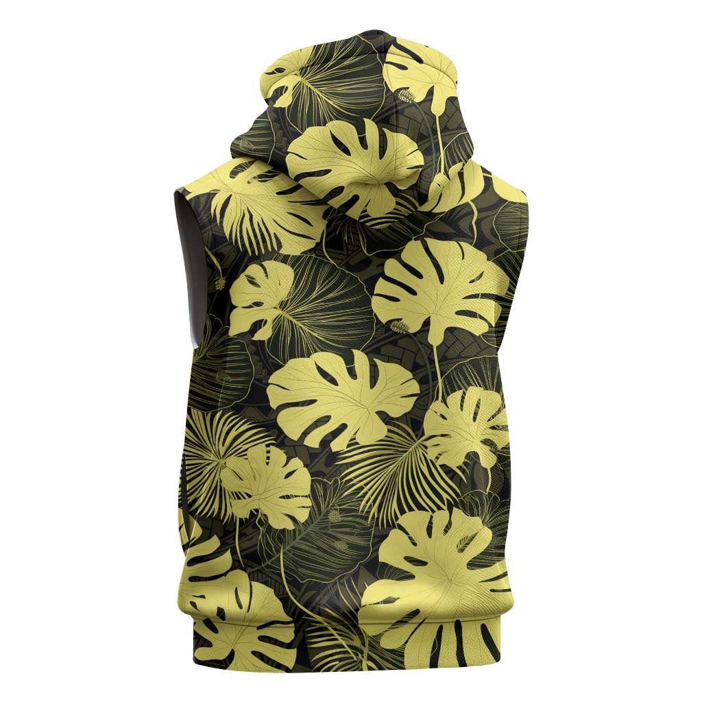 Yellow Hawaii Kukui Nut Lei Sleeveless Hoodie Hawaiian Pattern Monstera Tropical Vibes - Polynesian Pride