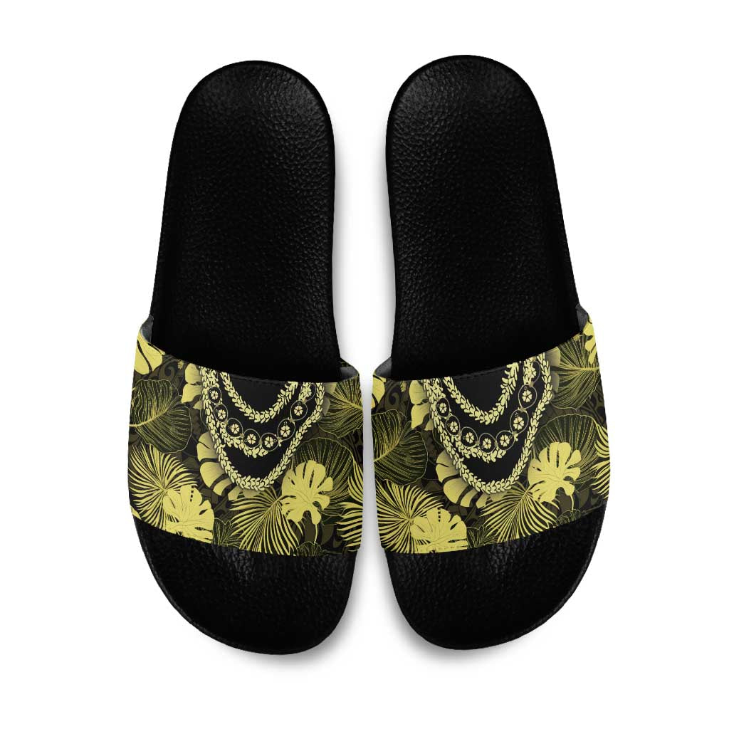Yellow Hawaii Kukui Nut Lei Slide Sandals Hawaiian Pattern Monstera Tropical Vibes - Polynesian Pride