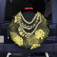 Yellow Hawaii Kukui Nut Lei Spare Tire Cover Hawaiian Pattern Monstera Tropical Vibes - Polynesian Pride