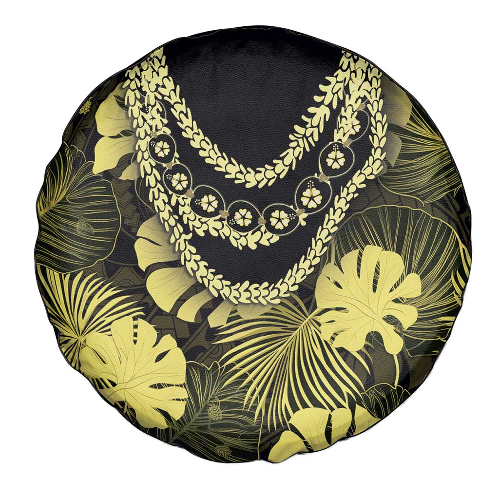 Yellow Hawaii Kukui Nut Lei Spare Tire Cover Hawaiian Pattern Monstera Tropical Vibes - Polynesian Pride