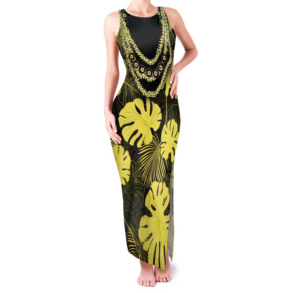 Yellow Hawaii Kukui Nut Lei Tank Maxi Dress Hawaiian Pattern Monstera Tropical Vibes - Polynesian Pride
