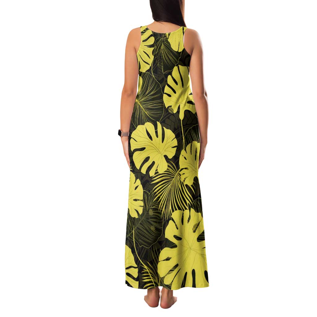 Yellow Hawaii Kukui Nut Lei Tank Maxi Dress Hawaiian Pattern Monstera Tropical Vibes - Polynesian Pride