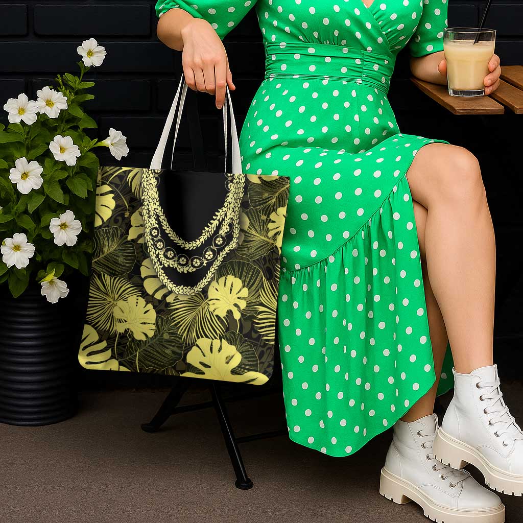 Yellow Hawaii Kukui Nut Lei Tote Bag Hawaiian Pattern Monstera Tropical Vibes - Polynesian Pride