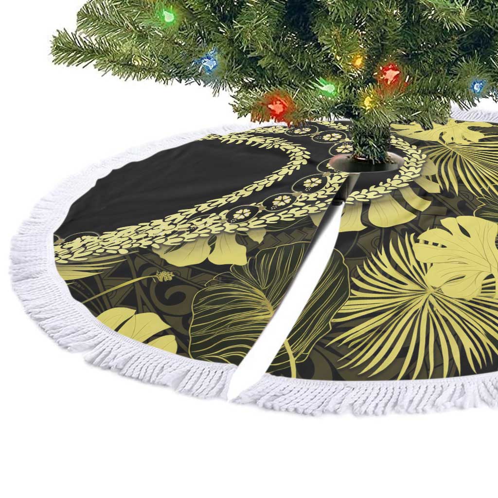 Yellow Hawaii Kukui Nut Lei Tree Skirt Hawaiian Pattern Monstera Tropical Vibes - Polynesian Pride