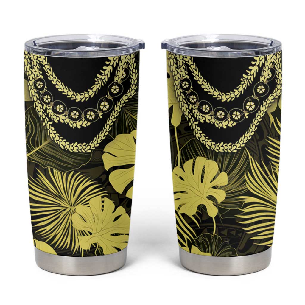 Yellow Hawaii Kukui Nut Lei Tumbler Cup Hawaiian Pattern Monstera Tropical Vibes - Polynesian Pride