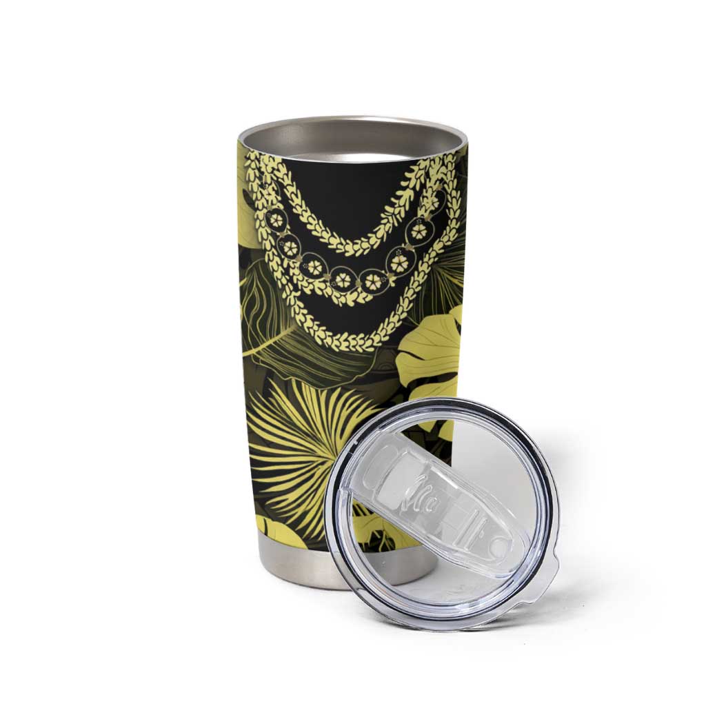 Yellow Hawaii Kukui Nut Lei Tumbler Cup Hawaiian Pattern Monstera Tropical Vibes - Polynesian Pride