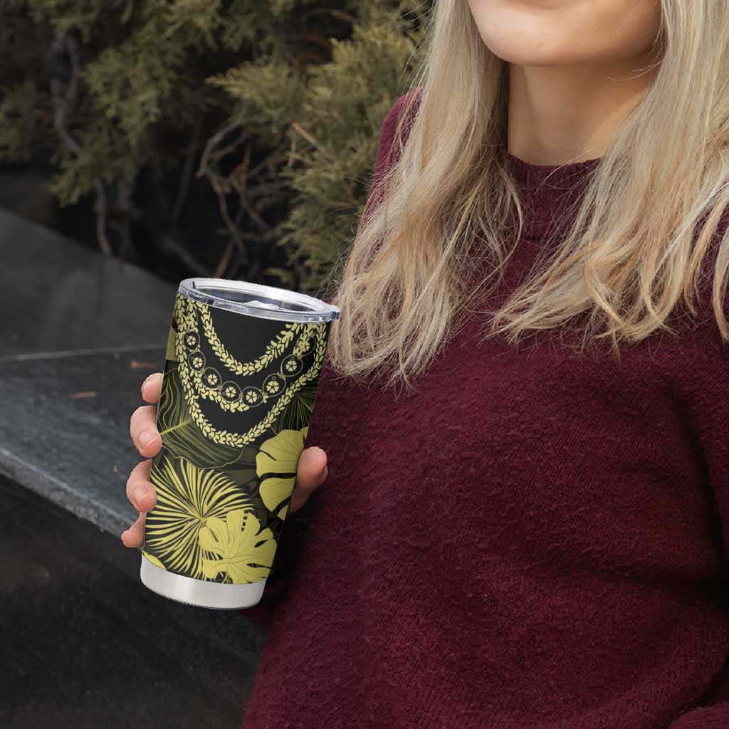 Yellow Hawaii Kukui Nut Lei Tumbler Cup Hawaiian Pattern Monstera Tropical Vibes - Polynesian Pride