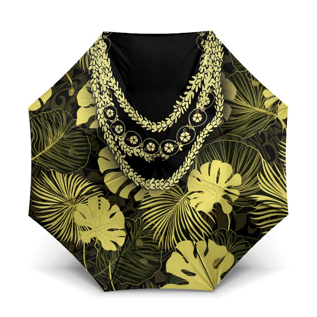 Yellow Hawaii Kukui Nut Lei Umbrella Hawaiian Pattern Monstera Tropical Vibes - Polynesian Pride