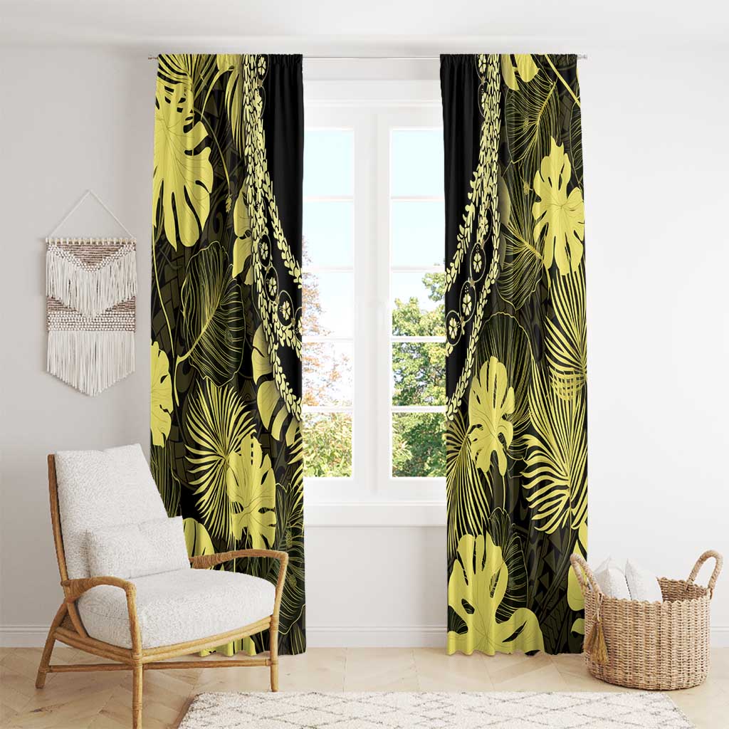 Yellow Hawaii Kukui Nut Lei Window Curtain Hawaiian Pattern Monstera Tropical Vibes - Polynesian Pride